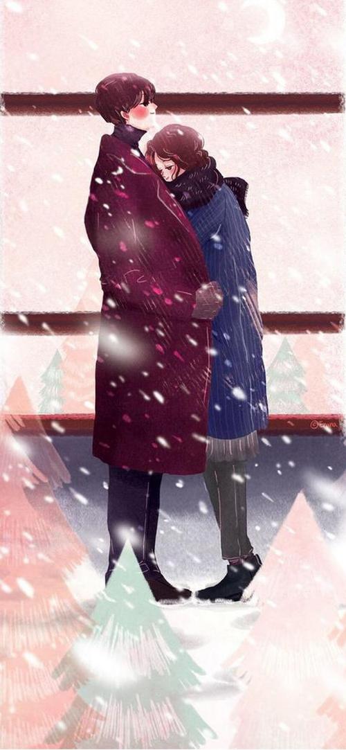 雪景里拥抱的情侣