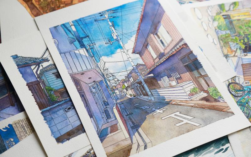 活动作品钢笔淡彩过程日本高松夏日的街巷
