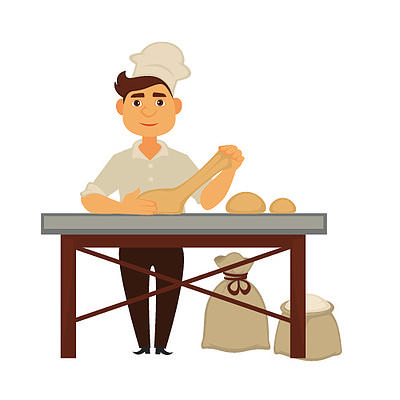 揉面团矢量卡通插画方形的布局做面团的厨师帽的小高加索男孩001/ 1