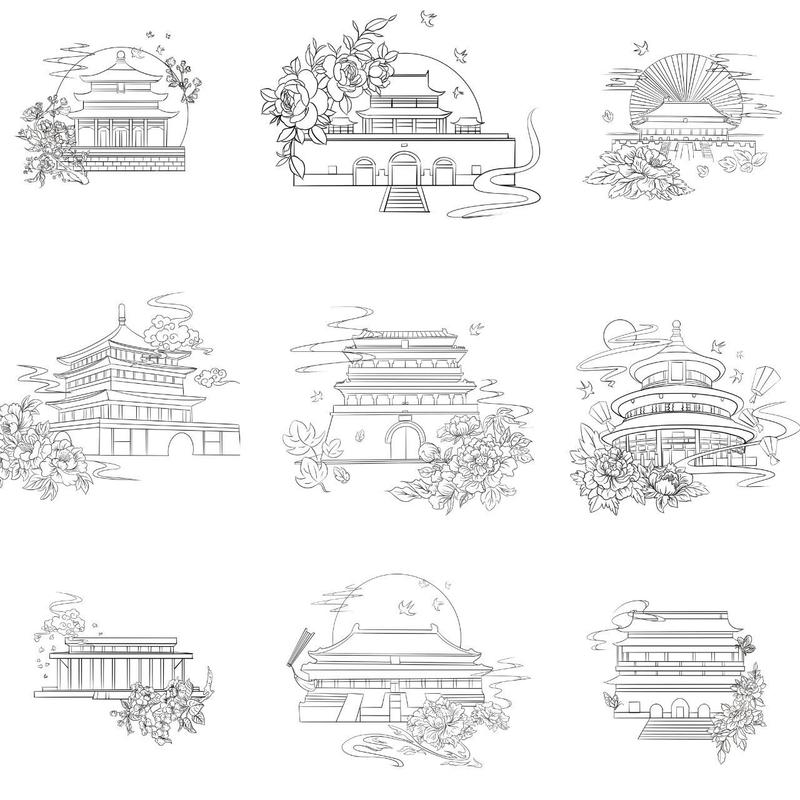 故宫建筑插画素材 故宫建筑素材插画可分享 各个宫殿剪影线稿图 ipg