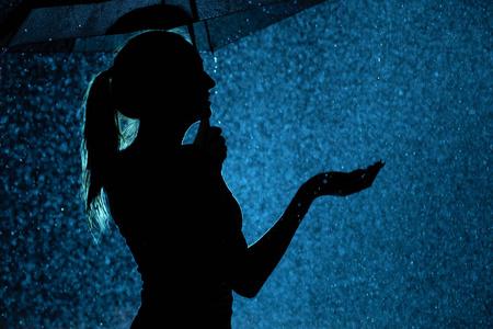 剪影少女的身影在雨中撑伞,一位年轻女子高兴地滴水照片