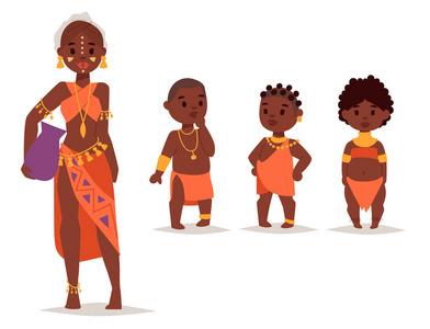 卡通矢量图年轻黑人孕妇摸她的肚子-非洲人民非洲人民.南美土著.