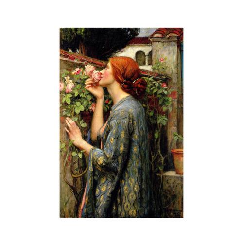 沃特豪斯玫瑰的灵魂印制纯棉吻花的女人竖款油画布画芯版画装饰画