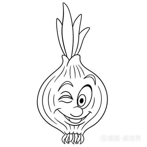 插画 着色页面.卡通洋葱.快乐的蔬菜角色.生态食品标志.