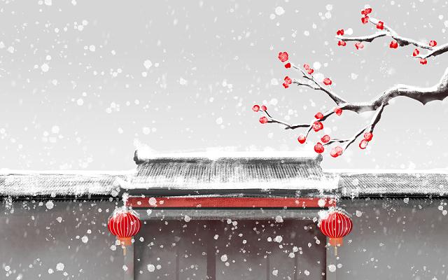 中式古风屋檐雪景大寒下雪雪枝背景素材古代建筑冬天背景