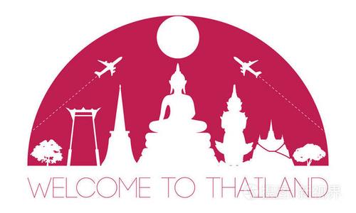 泰国著名地标剪影和圆顶与粉红色颜色样式, 旅行和旅游业, 向量例证
