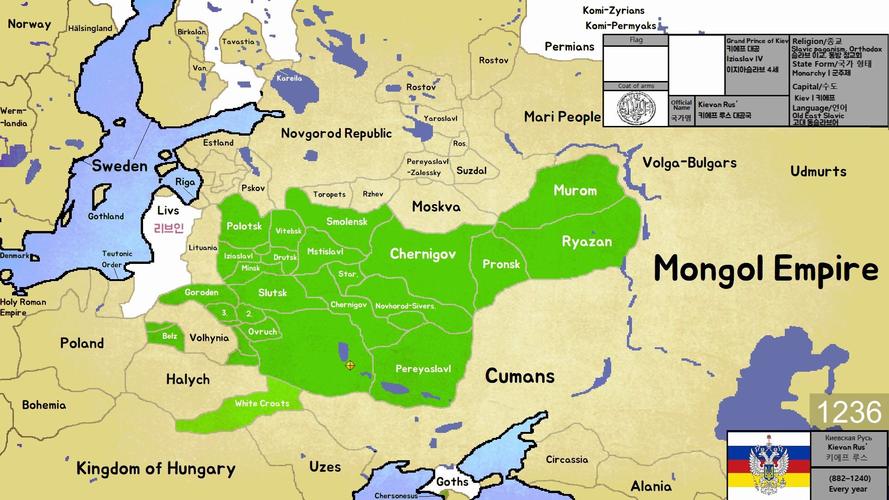 【历史地图】 基辅罗斯公国的疆域历史变化图(公元882年— 公元1240年