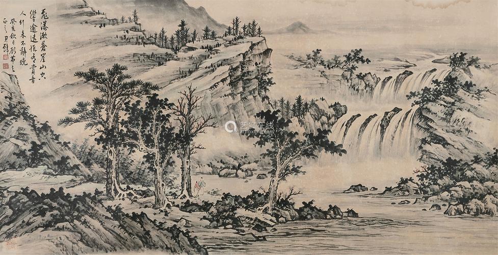 黄君璧18981991空谷观瀑镜心设色纸本