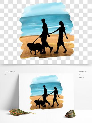 人物剪影情侣牵狗遛狗背影海边沙滩漫步散步