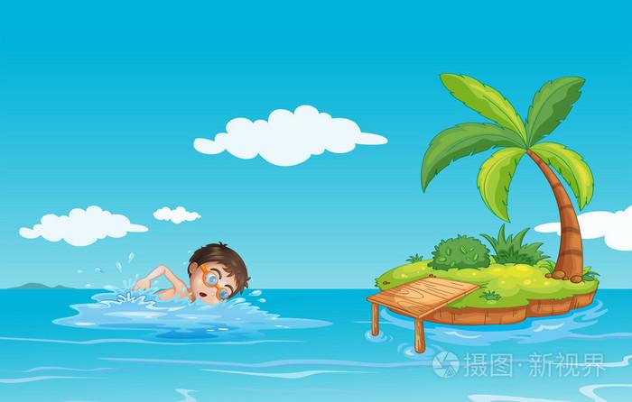 一个男孩在海边游泳插画-正版商用图片1c8grk-摄图新视界