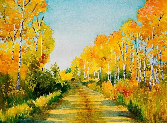 杨树路,原始的水彩画启发的一个美丽的秋天彩色的 backroad 在北部