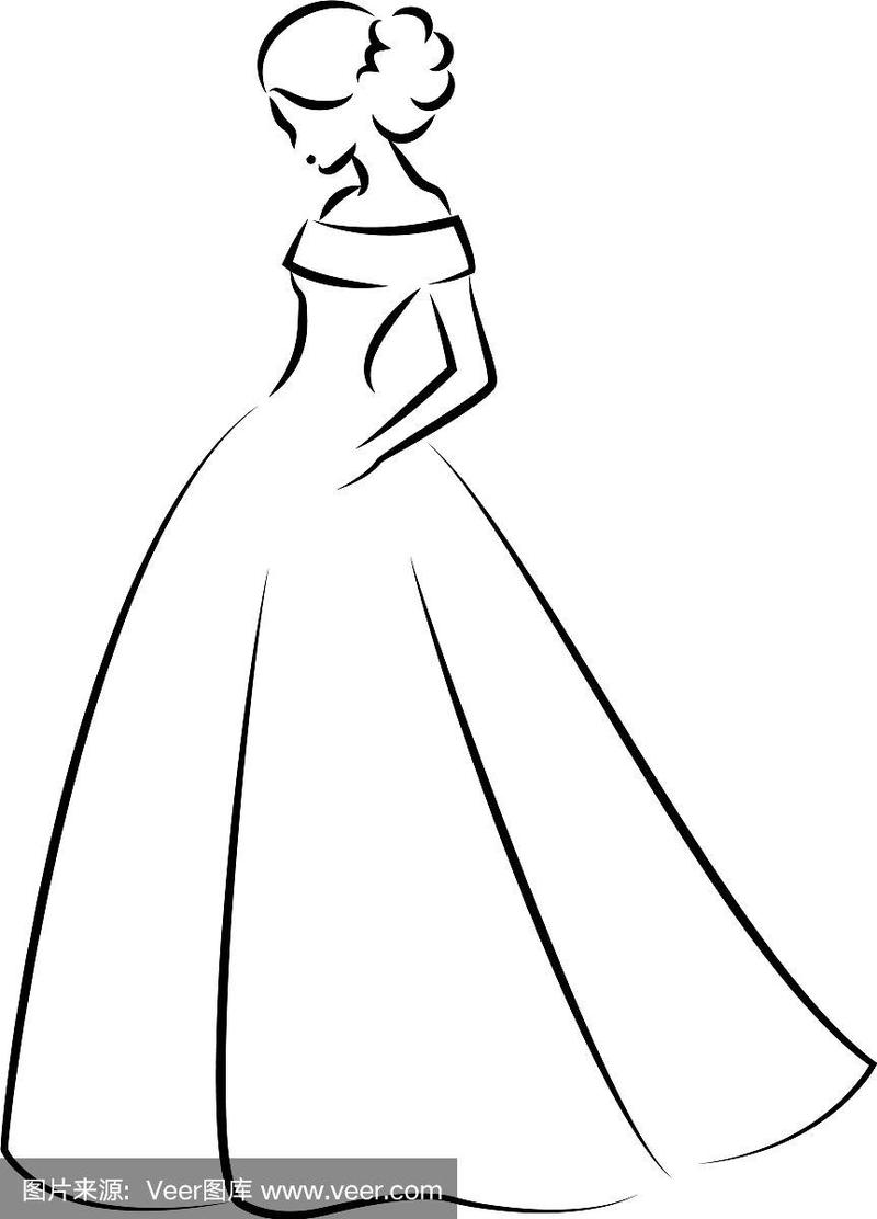 一个优雅的新娘在白色婚纱素描
