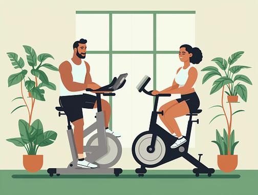卡通手绘健身节插画健身房室内两人在动感单车上锻炼植物场景人物插画