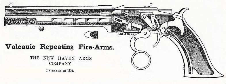火山手枪可以视作杠杆原理连珠枪械的早期尝试,它通过扳机护圈来回