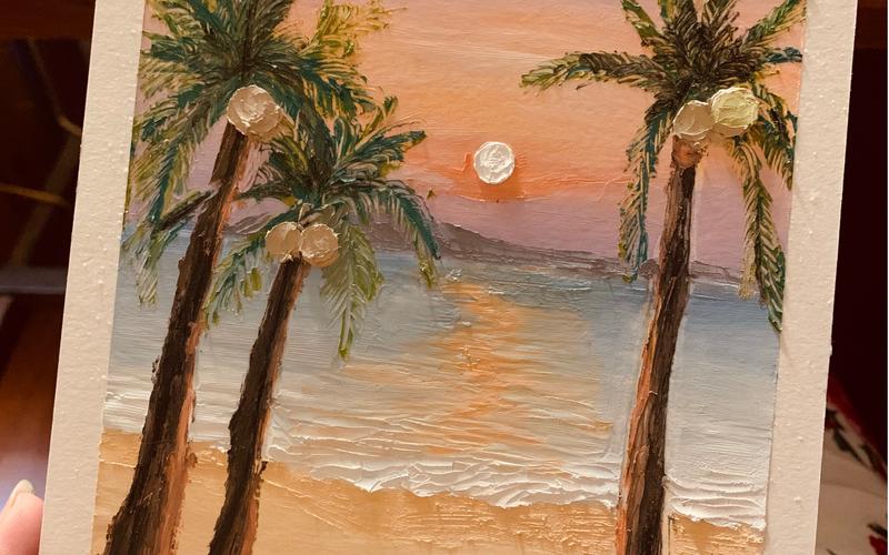 [油画棒教程]海边夕阳风景画,有一股椰子香,我喜欢看日落,你呢?