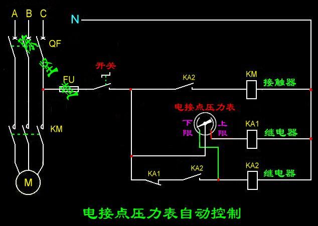 一个接触器两个继电器和一个电接点压力表怎样控制自动抽水.求线路图