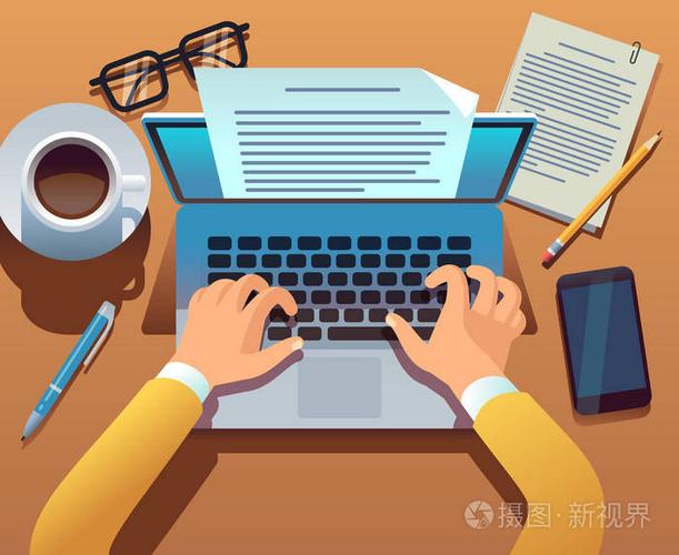 记者用笔记本电脑创作讲故事.手在电脑键盘上打字.故事写作向量概念