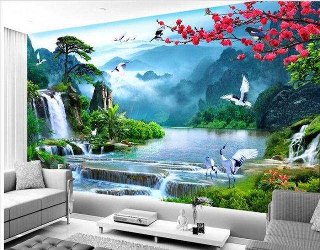 中式风景装饰壁画电视背景墙壁纸纸迎客松墙布山水画客厅3d影视墙墙纸