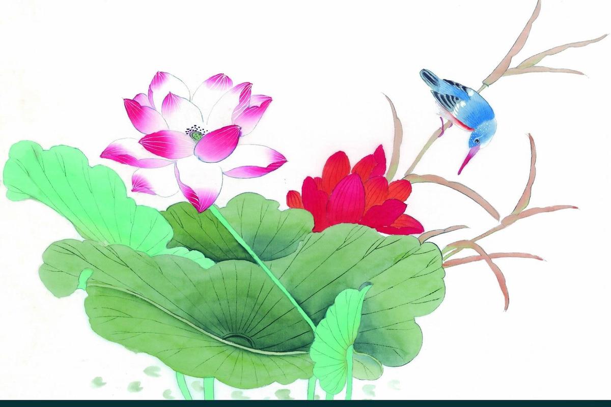 精选清新简约的中国风古典花鸟植物彩色水墨画高清壁纸图片下载第二辑