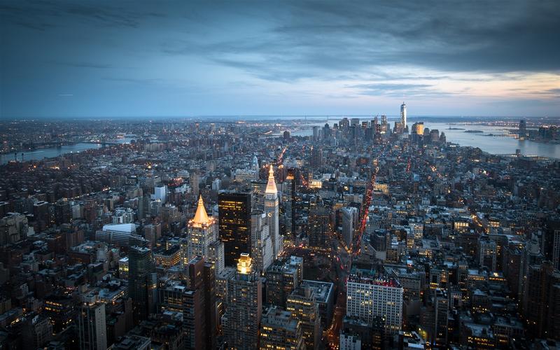 纽约,曼哈顿,美国,摩天大楼,建筑,海湾,黄昏 壁纸 - 1920x1200