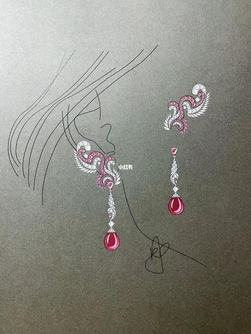 红宝石凤羽耳坠可拆卸珠宝手绘