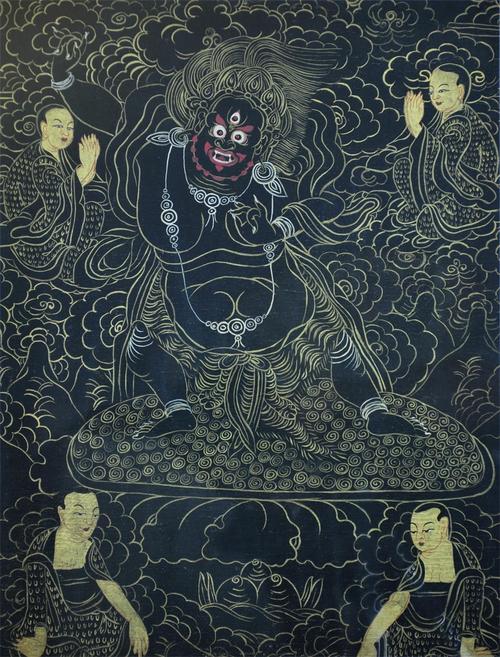 百年老唐卡法力无边《黑财神像》藏传佛教经典艺术典藏