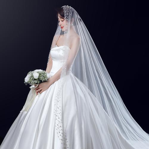 韩式时尚新娘头饰结婚拍照长款珍珠头纱婚纱旅拍摄影道具配饰软纱