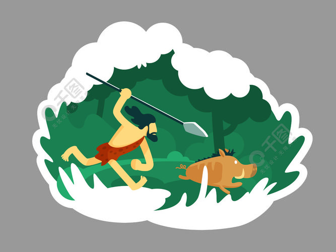 猎人2d矢量网页横幅海报有胡子的古人追逐野生动物卡通背景上的穴居人