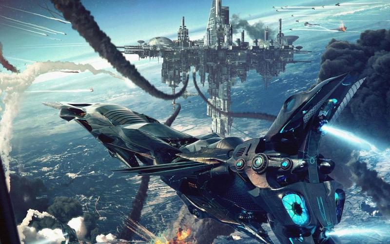 科幻艺术对战战争地球舰船星舰空间城市