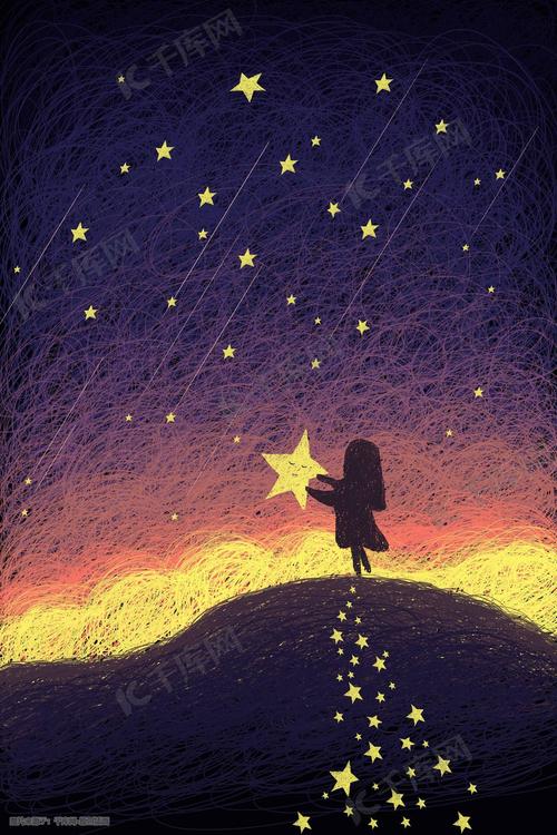 摘星星的女孩手机壁纸背影,伸手摘星星的少女绘画作品手机壁纸图片