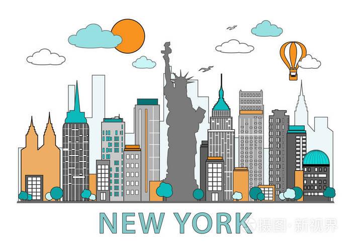 细线平面设计的纽约城.现代纽约天际线与地标矢量插图,白色背景上孤立