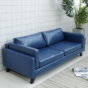 户型休闲皮艺沙发现代日式客厅办公室单人双人三人沙发 深蓝色油蜡皮