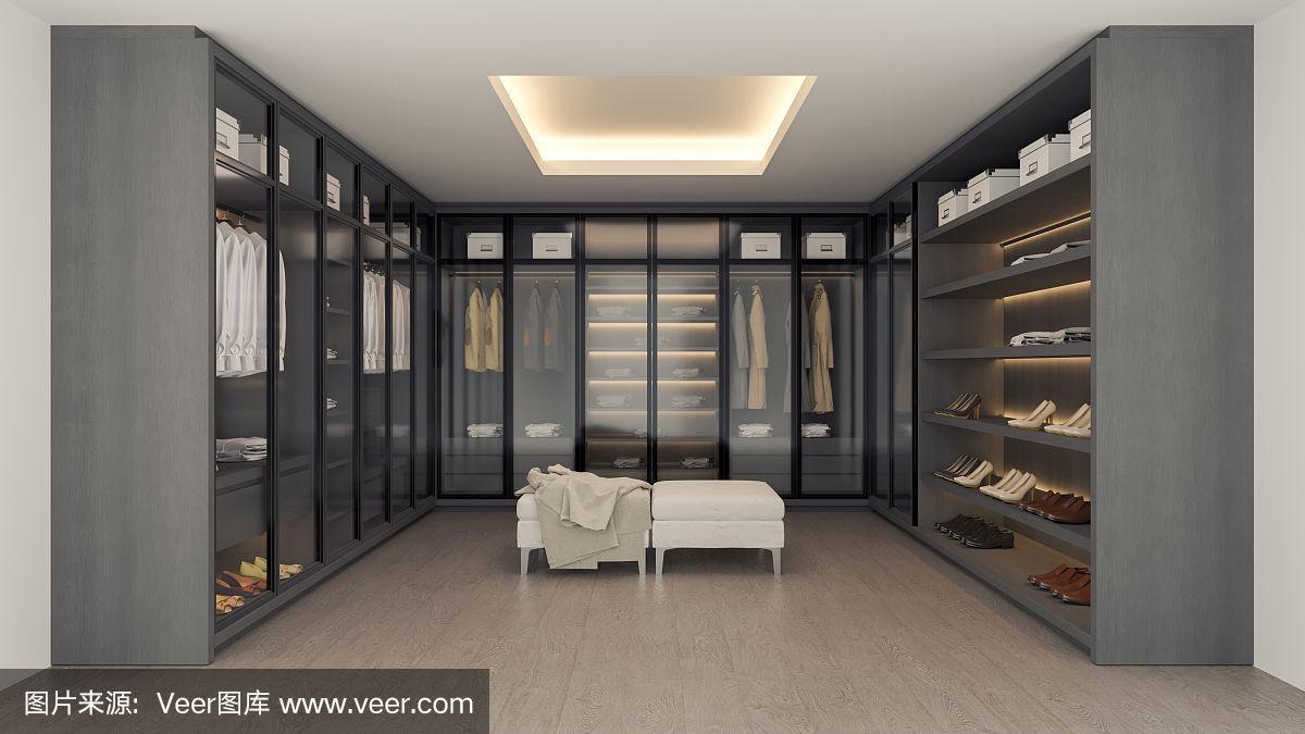 现代豪华更衣室内饰,步入式衣柜,灰色和黑色衣柜设计,3d渲染