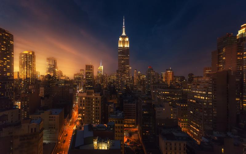 壁纸 纽约,城市,夜,摩天大楼,灯,美国