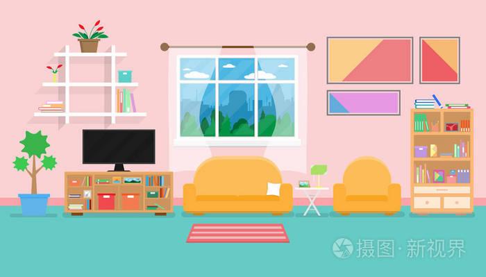 室内客厅现代舒适和豪华的风格与家具在房子矢量和插图