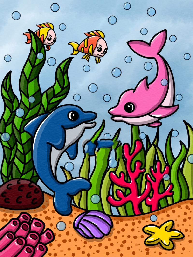 儿童画 海底世界 创意儿童画 可爱的海豚98 为一,二年级(6-8岁)的