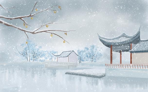 水彩古代建筑冬天下雪雪景雪景插画古代建筑冬天背景