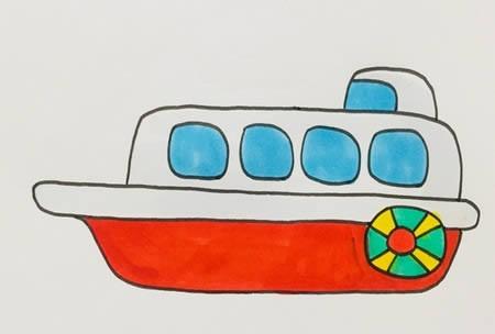 步骤六:最后将窗户涂蓝,泳圈涂成黄绿间隔的样式,一艘小艇的简笔画就