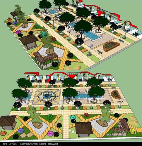 原创设计稿 3d模型库 景观全模 草图大师sketchup方形休闲广场景观