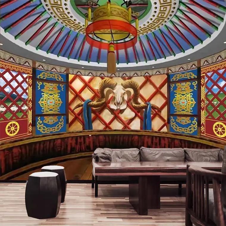 蒙古族民族特色风情餐厅装饰壁纸抖音主播直播间蒙古包背景墙壁画