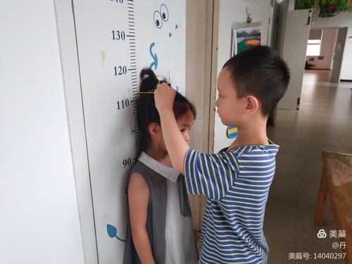 开始测量身高,小朋友们之间互相合作测量身高,记录身高.