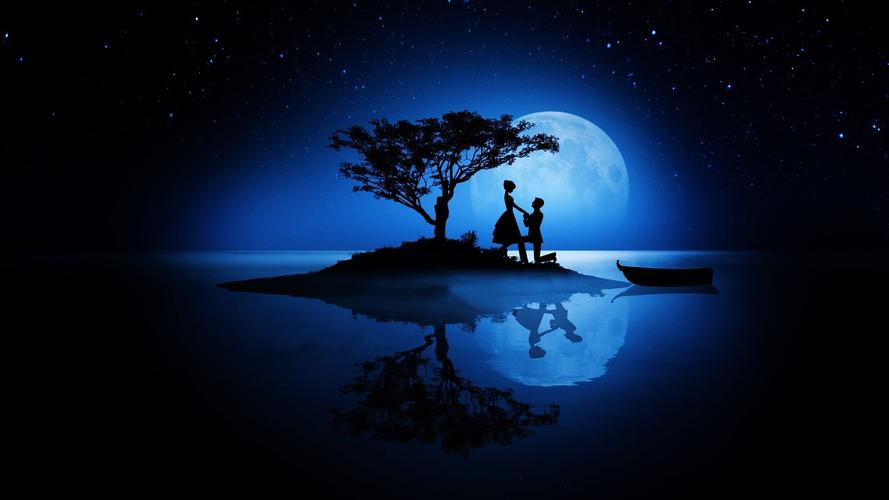 情人节,情侣,晚上,树,船,月亮,星星,美丽的倒影,剪影图片,壁纸