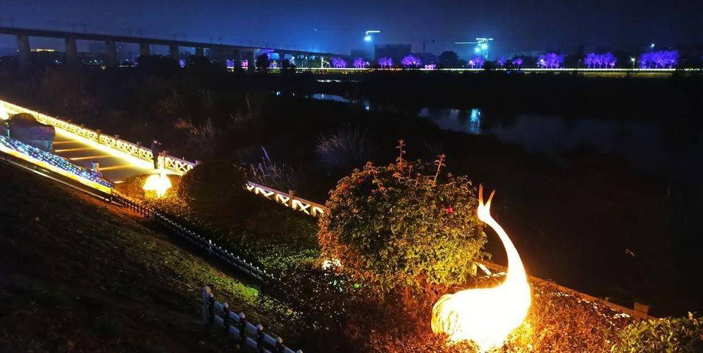 广汉金雁湿地公园,五颜六色的灯光闪亮动人_朋友_大桥_工程