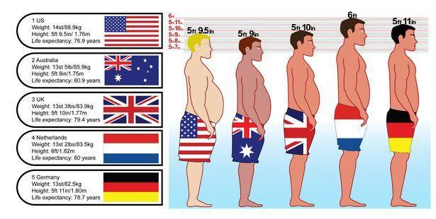 澳大利亚男性的平均身高为1米75,与法国持平.