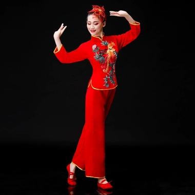 新款中老年秧歌服演出服喜庆腰鼓扇子舞蹈服装中国风广场舞套装女