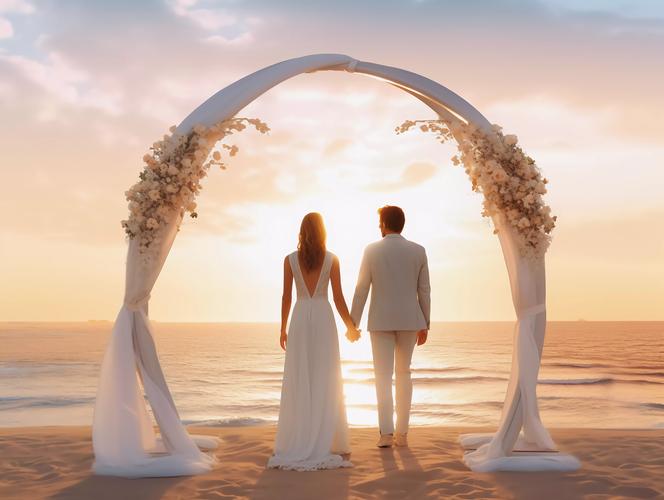 西式婚礼户外婚礼新郎新娘夫妇俩面朝大海的浪漫背景