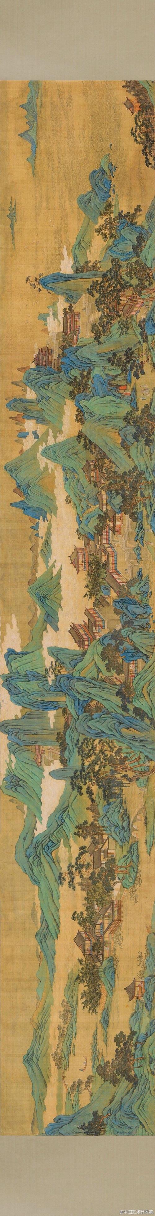 【明 仇英 《蓬莱仙境图》 】卷,绢本设色,50×341cm,私人收藏.