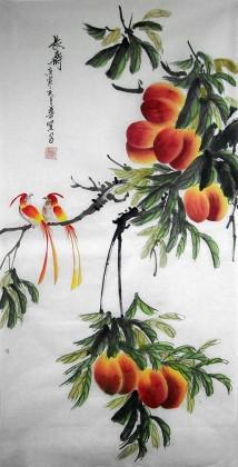 祝寿字画寿桃绶带鸟《长寿图》 - 花鸟画 - 99字画网