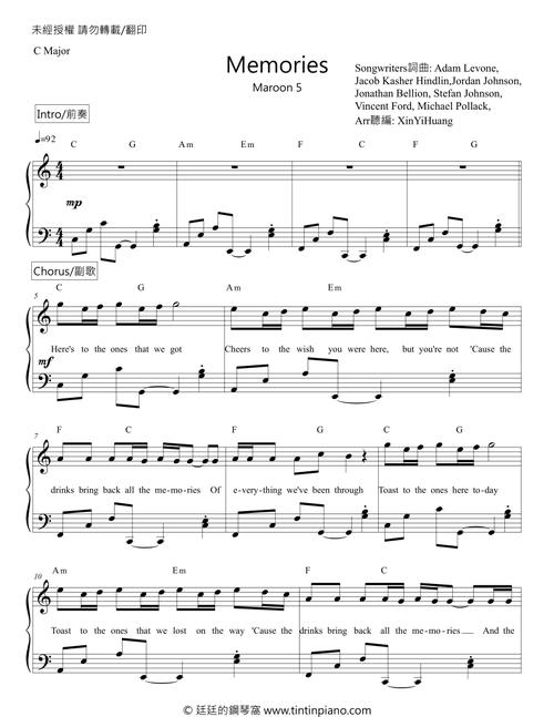简谱) piano sheet music download :: maroon5魔力红- memories