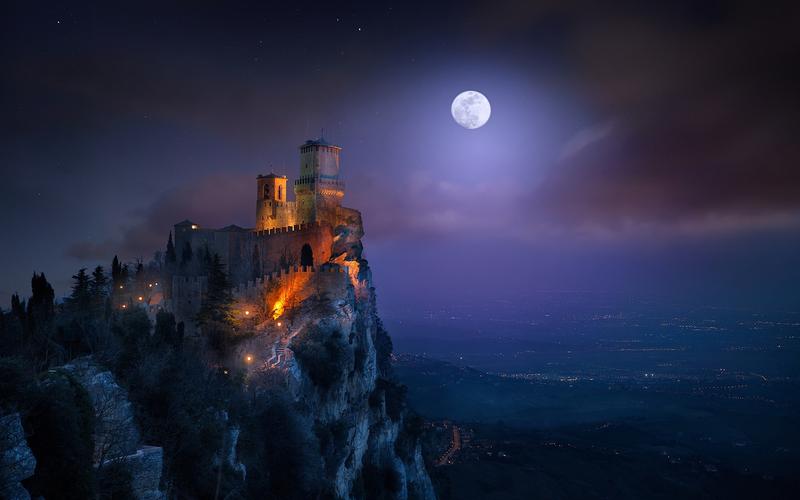 圣马力诺,堡垒,塔,夜晚,光,月亮 壁纸 - 1920x1200